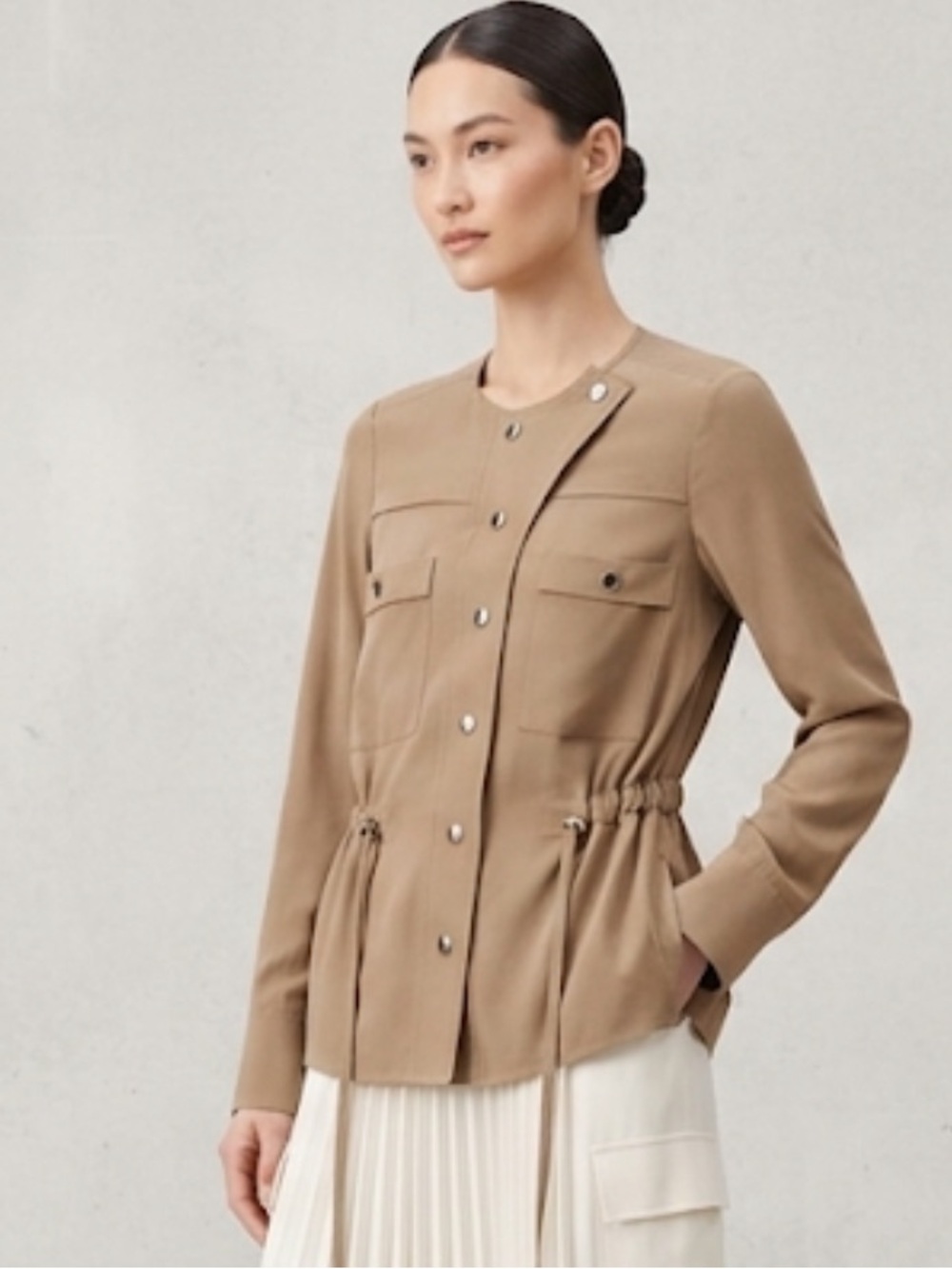 Derek Lam Tan Silk Snap Button Drawstring Utility Jacket size 2